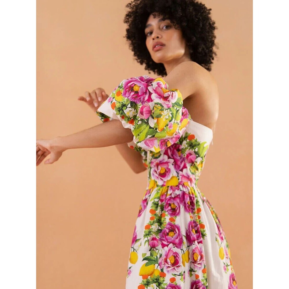 NWT. $1K BORGO DE NOR Pink Juliet Floral Print Off-shoulder Dress SZ 12 white - Picture 3 of 12